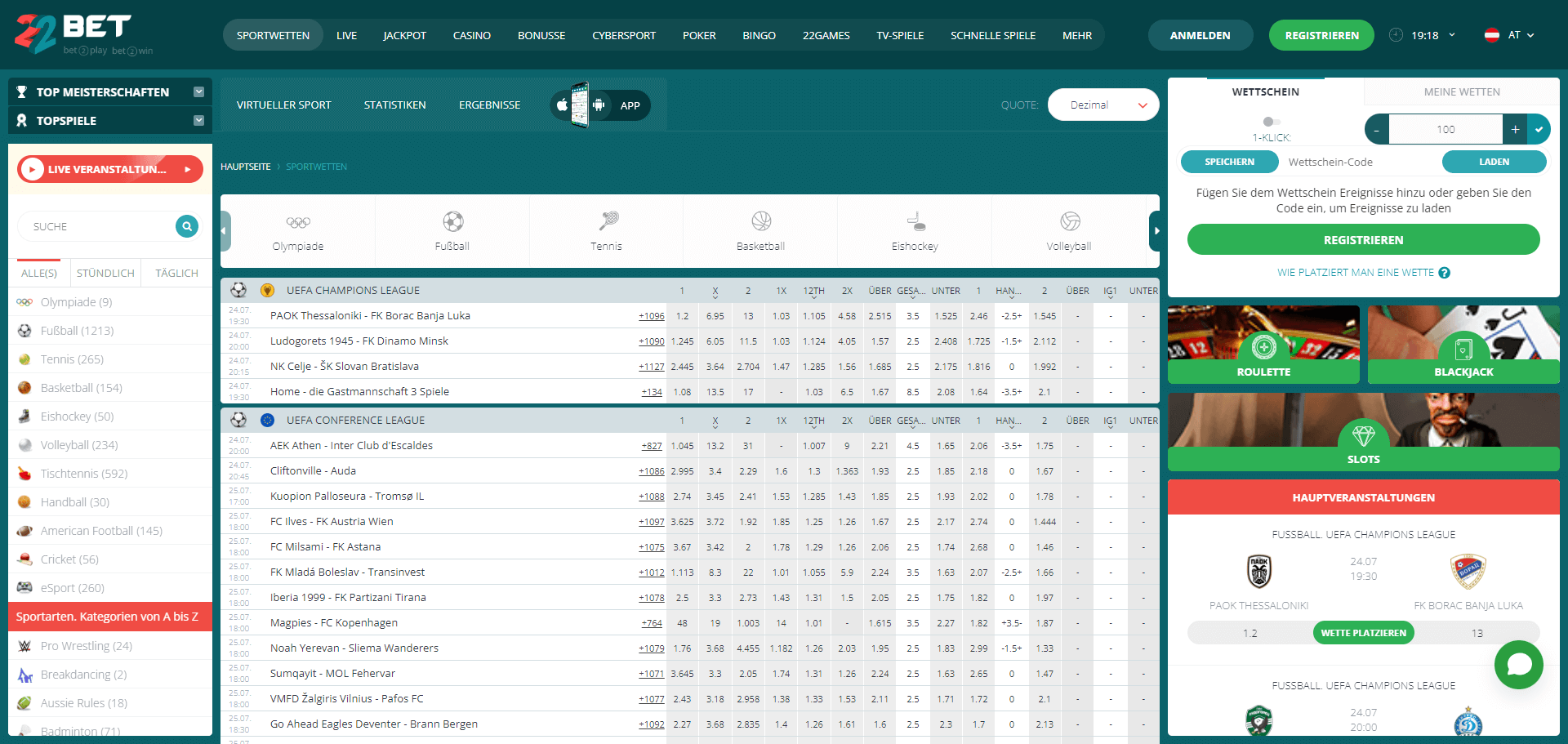 Sportwetten Angebote bei 22Bet